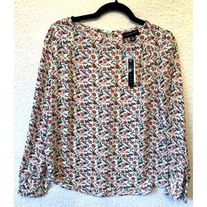 PREMISE Women Size Small‎ Ivory Floral Crew Neck Long Sleeve Blouse